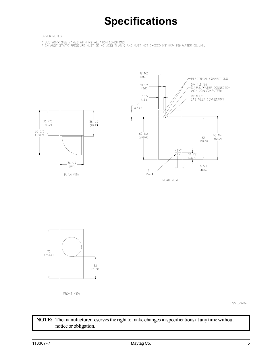 Specifications | Maytag MDG30MNV User Manual | Page 9 / 36