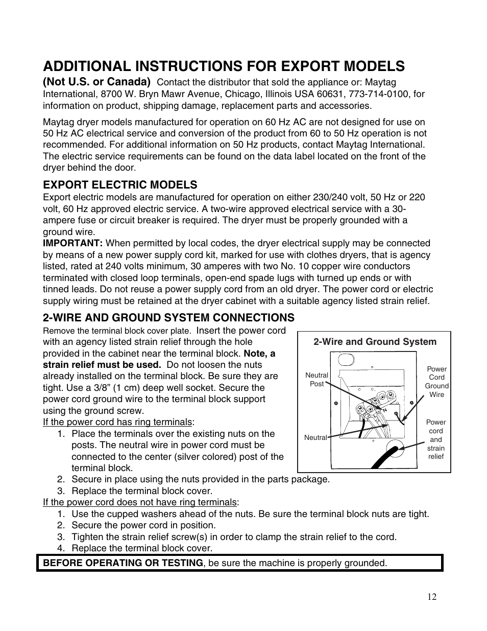 Additional instructions for export models, Not u.s. or canada), Export electric models | Wire and ground system connections | Maytag MDE2400AYW User Manual | Page 12 / 12