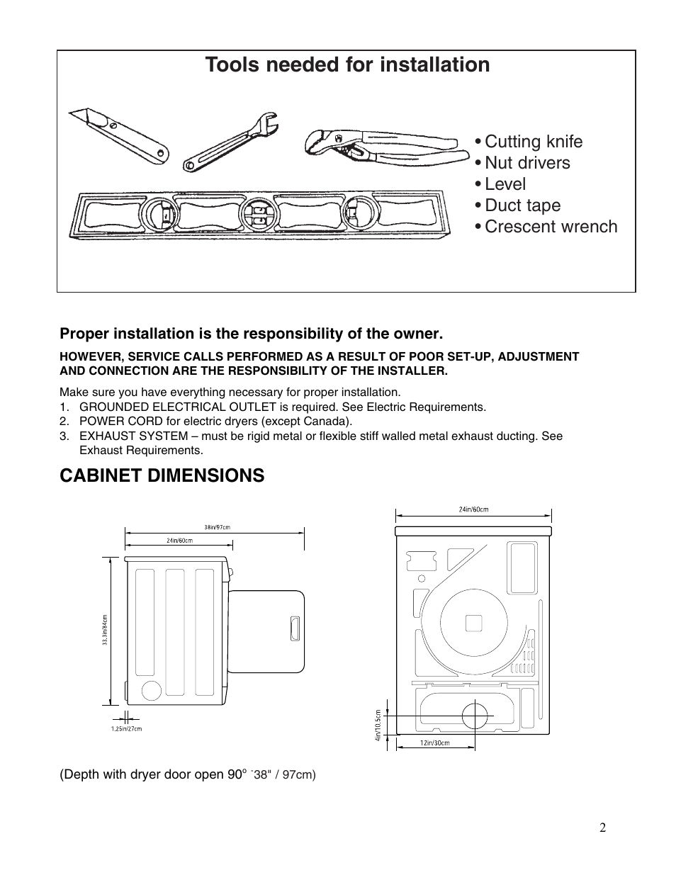 Tools needed for installation, Cabinet dimensions | Maytag MDE2400AYW User Manual | Page 2 / 12
