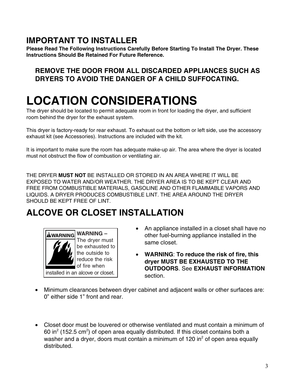 Location considerations, Alcove or closet installation, Important to installer | Maytag MDE2400AYW User Manual | Page 3 / 12
