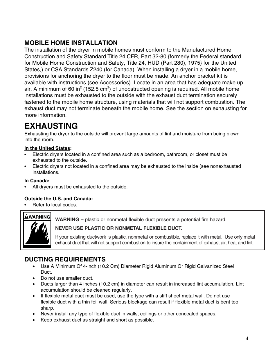 Exhausting, Mobile home installation, Ducting requirements | Maytag MDE2400AYW User Manual | Page 4 / 12