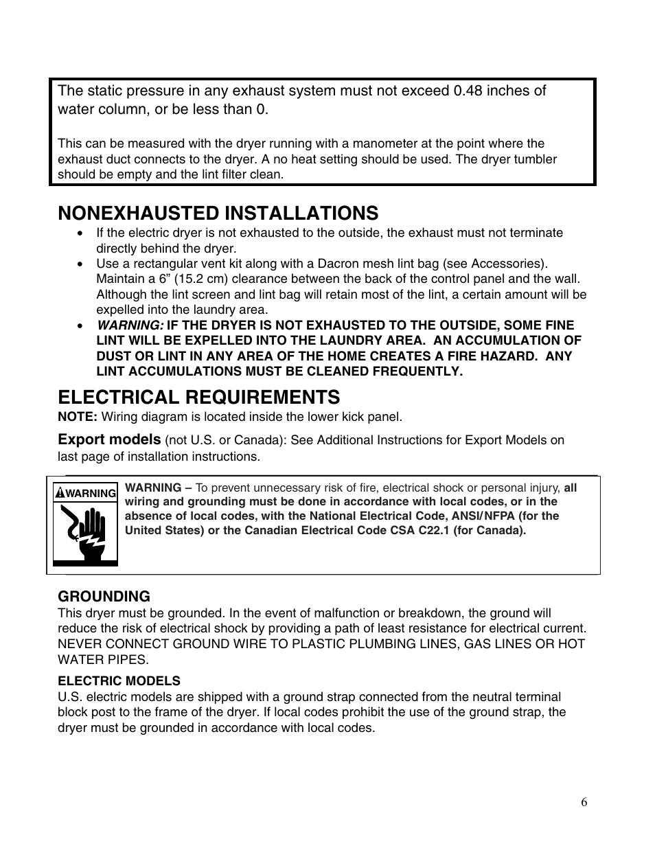 Nonexhausted installations, Electrical requirements | Maytag MDE2400AYW User Manual | Page 6 / 12