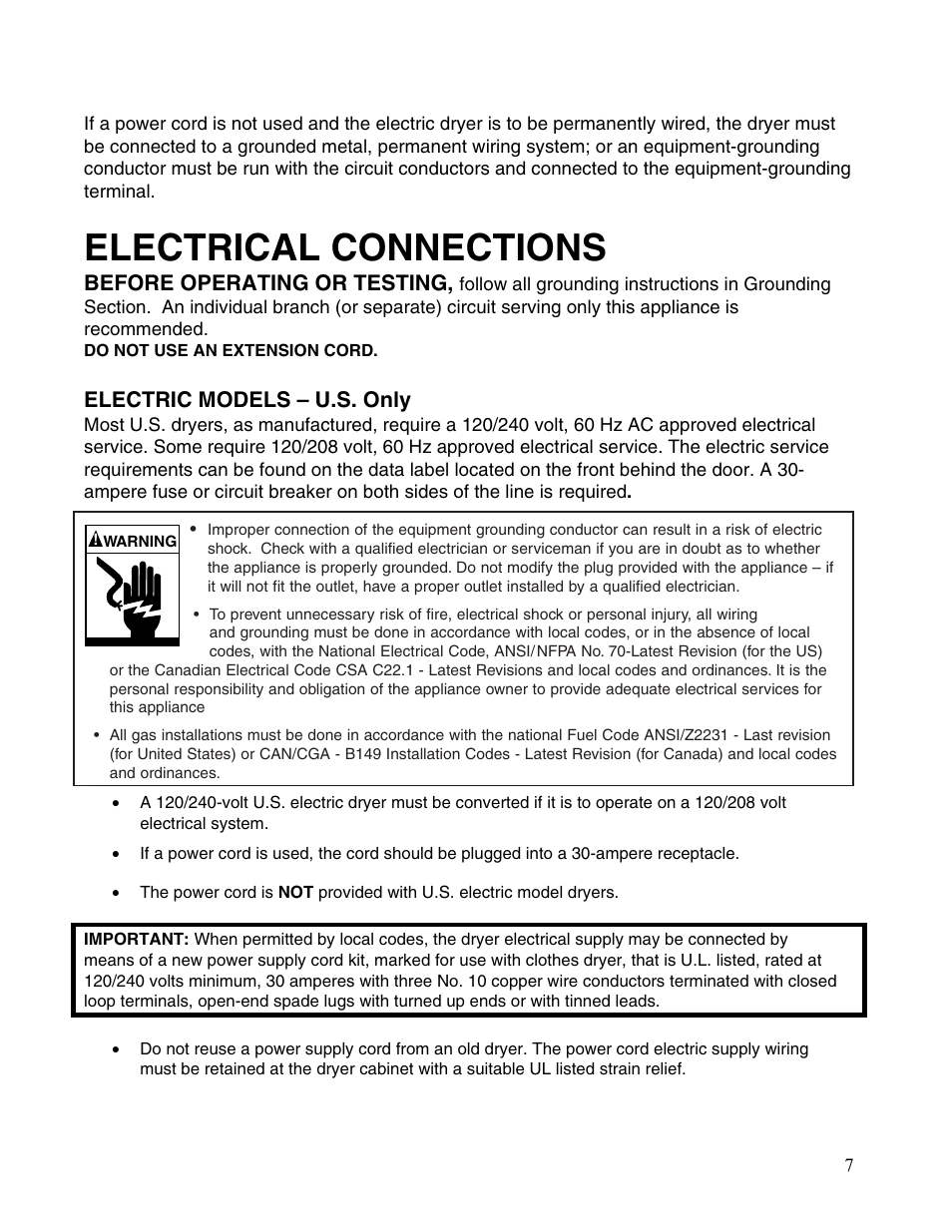 Electrical connections, Before operating or testing, Electric models – u.s. only | Maytag MDE2400AYW User Manual | Page 7 / 12