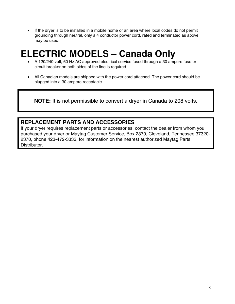 Electric models – canada only | Maytag MDE2400AYW User Manual | Page 8 / 12