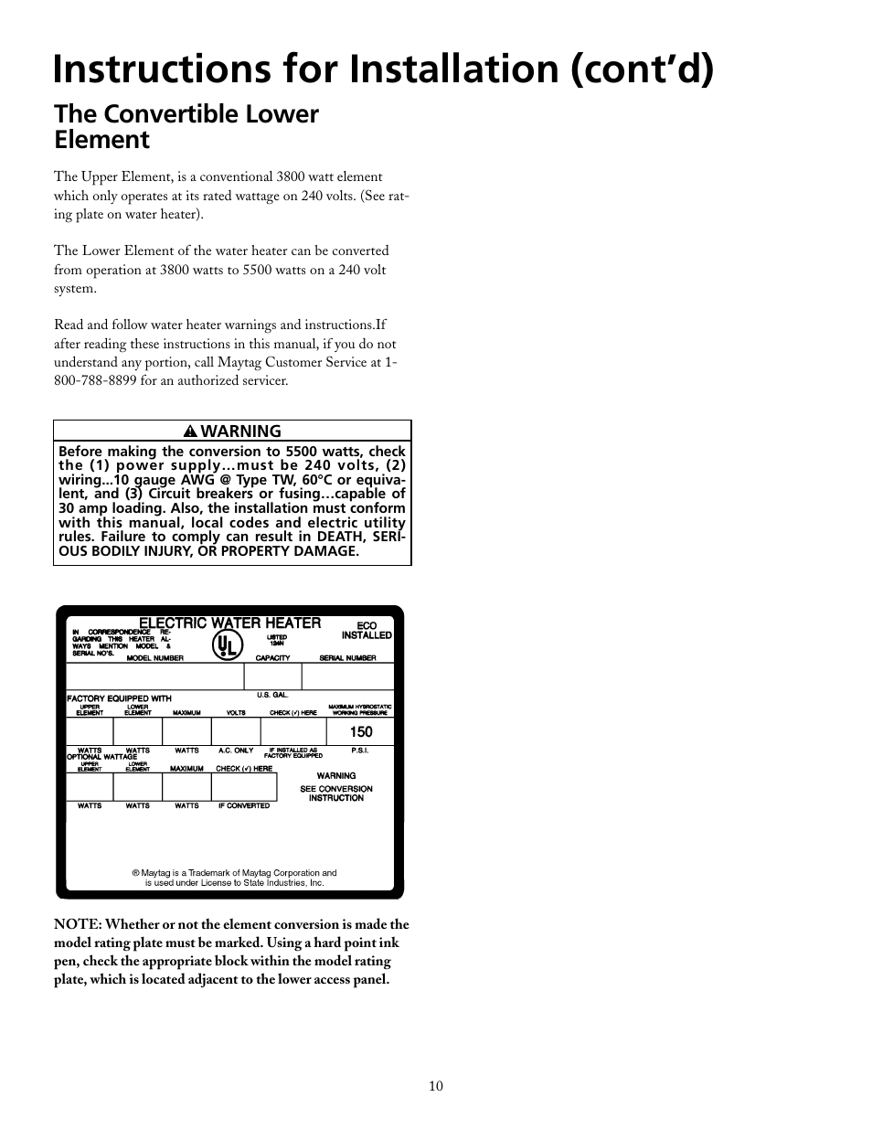 Instructions for installation (cont’d), The convertible lower element | Maytag HRE2940L User Manual | Page 10 / 36