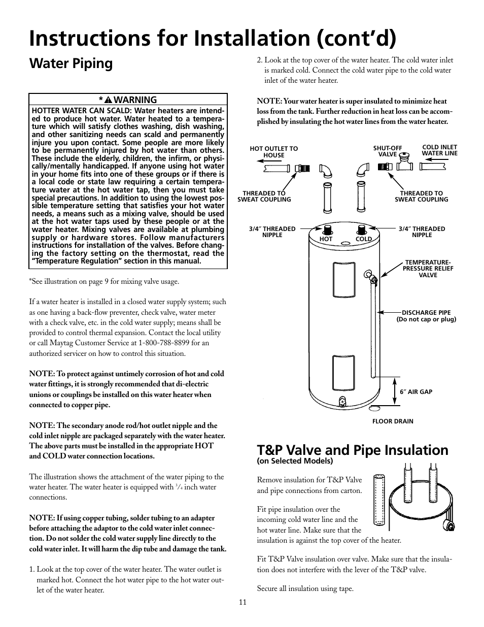 Instructions for installation (cont’d), Water piping, T&p valve and pipe insulation | Warning | Maytag HRE2940L User Manual | Page 11 / 36