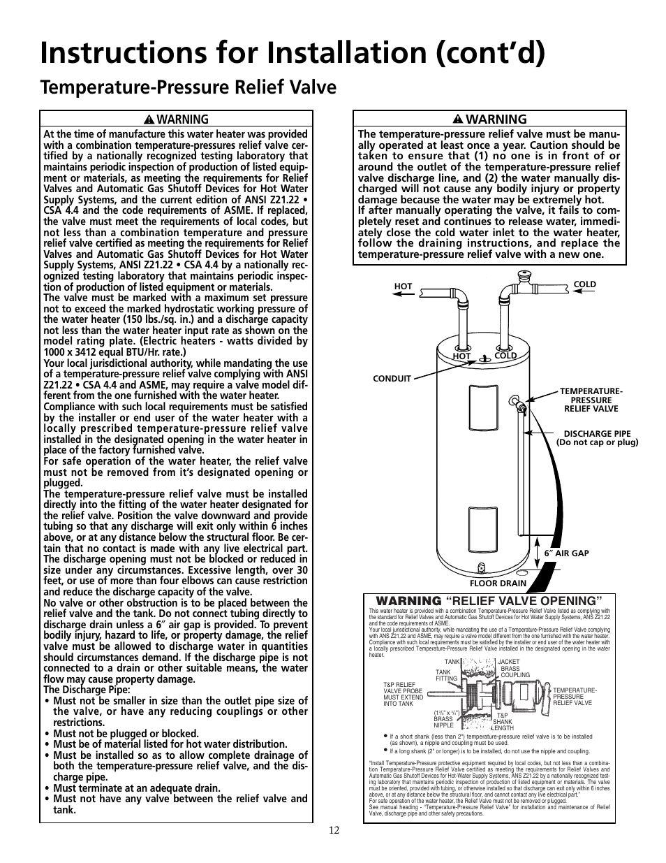 Instructions for installation (cont’d), Temperature-pressure relief valve, Warning | Maytag HRE2940L User Manual | Page 12 / 36