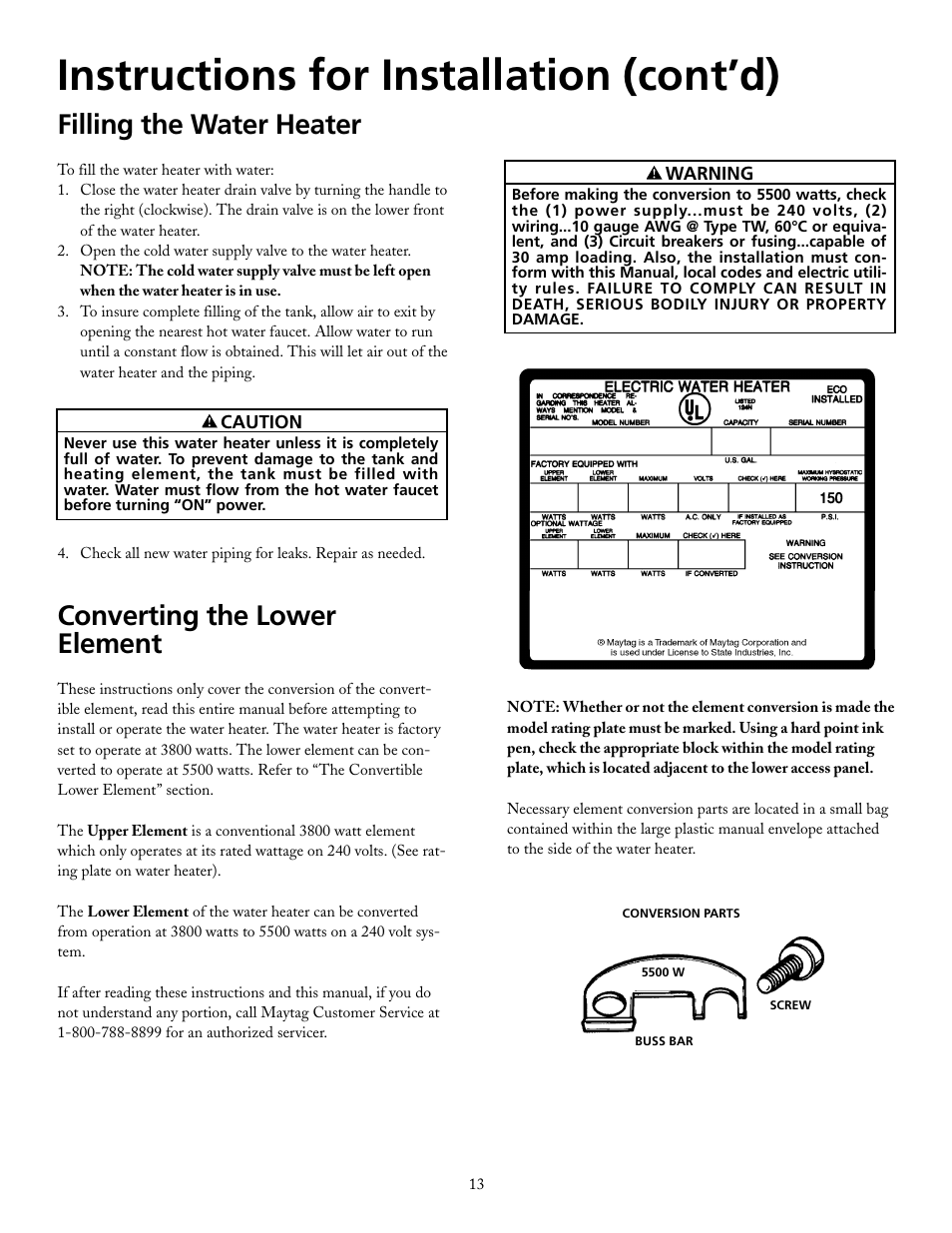 Instructions for installation (cont’d), Filling the water heater, Converting the lower element | Maytag HRE2940L User Manual | Page 13 / 36