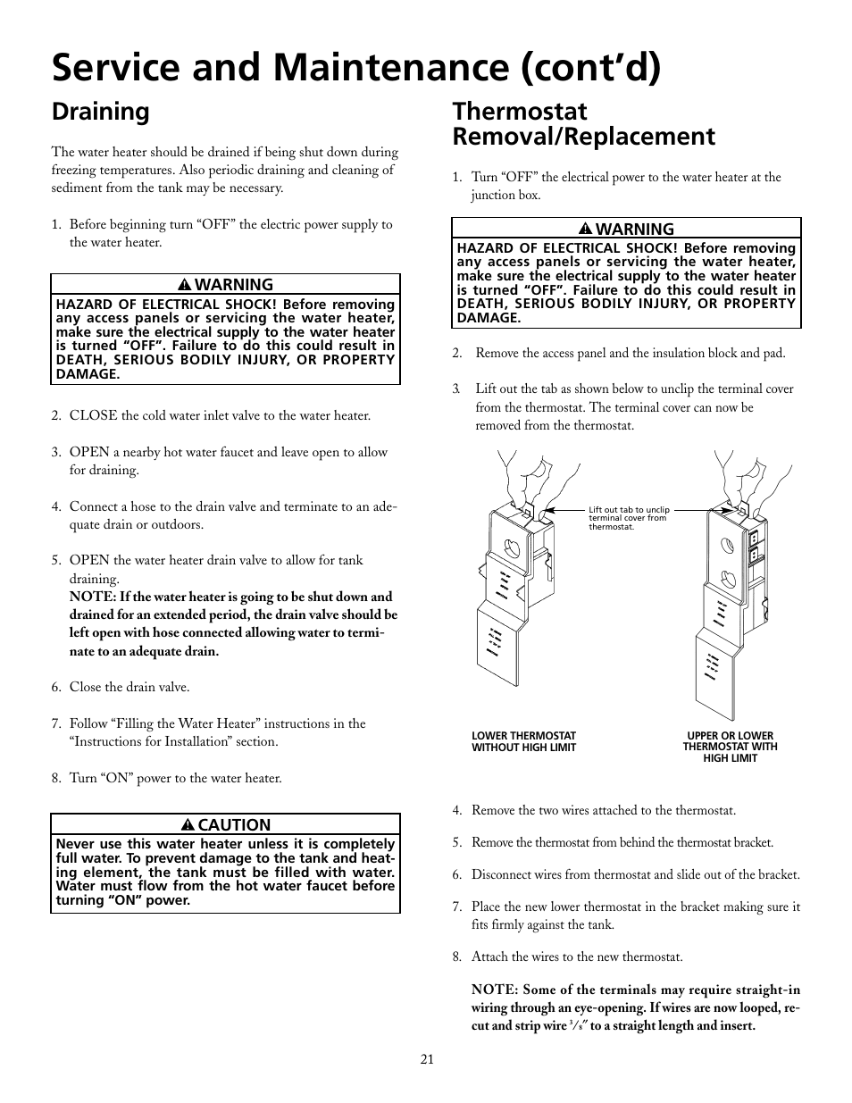 Service and maintenance (cont’d), Draining, Thermostat removal/replacement | Maytag HRE2940L User Manual | Page 21 / 36