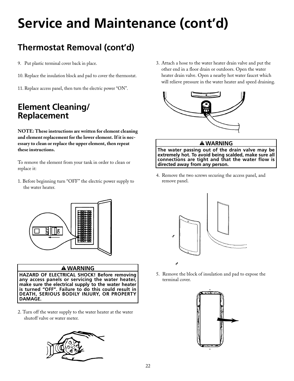 Service and maintenance (cont’d), Thermostat removal (cont’d), Element cleaning/ replacement | Maytag HRE2940L User Manual | Page 22 / 36