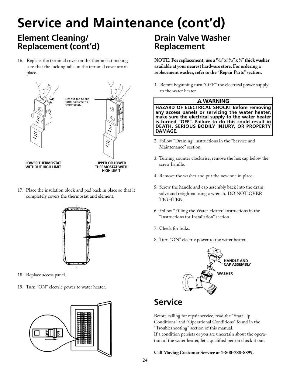 Service and maintenance (cont’d), Drain valve washer replacement, Service | Element cleaning/ replacement (cont’d) | Maytag HRE2940L User Manual | Page 24 / 36