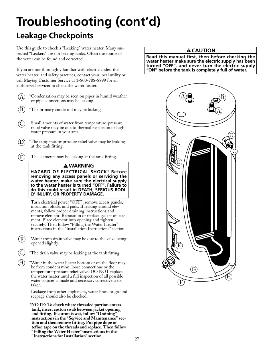 Troubleshooting (cont’d), Leakage checkpoints | Maytag HRE2940L User Manual | Page 27 / 36