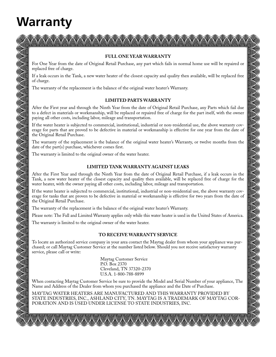 Warranty | Maytag HRE2940L User Manual | Page 36 / 36