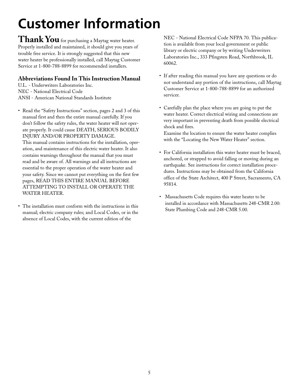 Customer information | Maytag HRE2940L User Manual | Page 5 / 36