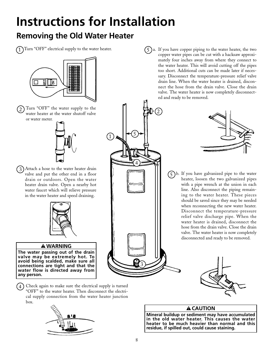 Instructions for installation, Removing the old water heater | Maytag HRE2940L User Manual | Page 8 / 36