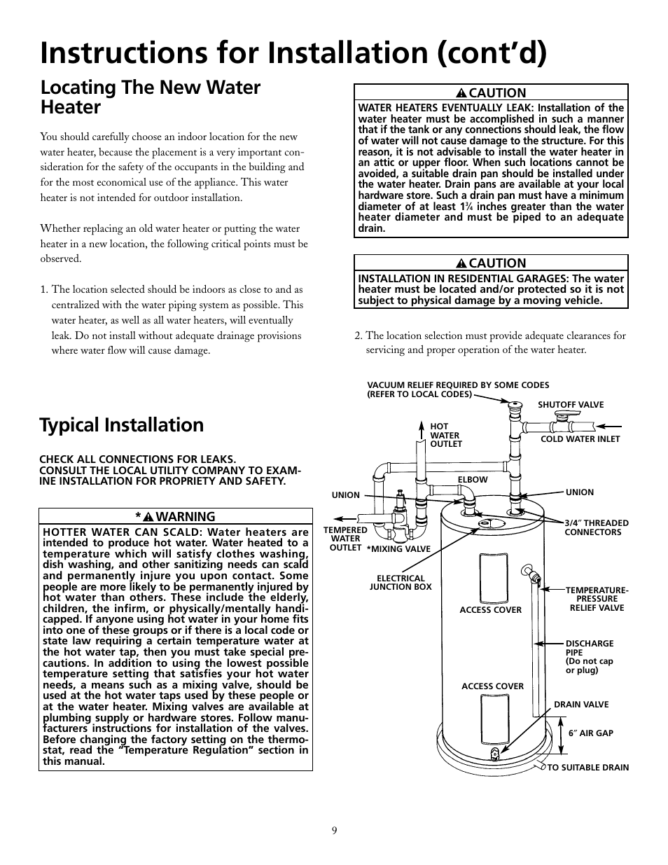 Instructions for installation (cont’d), Locating the new water heater, Typical installation | Caution, Warning | Maytag HRE2940L User Manual | Page 9 / 36