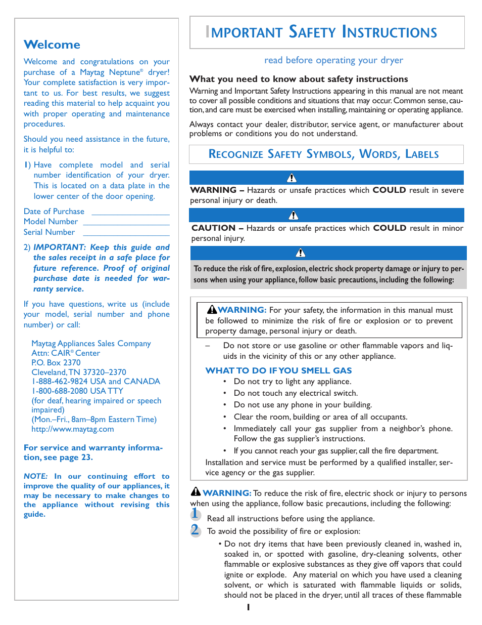 Mportant, Afety, Nstructions | Welcome | Maytag MD75 User Manual | Page 2 / 72