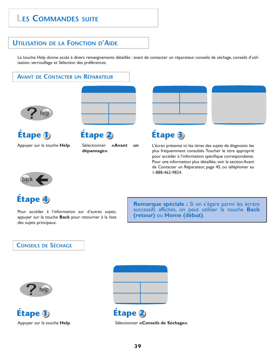 Étape 1 étape 2 étape 3 étape 4, Étape 1 étape 2, Ommandes | Suite | Maytag MD75 User Manual | Page 40 / 72