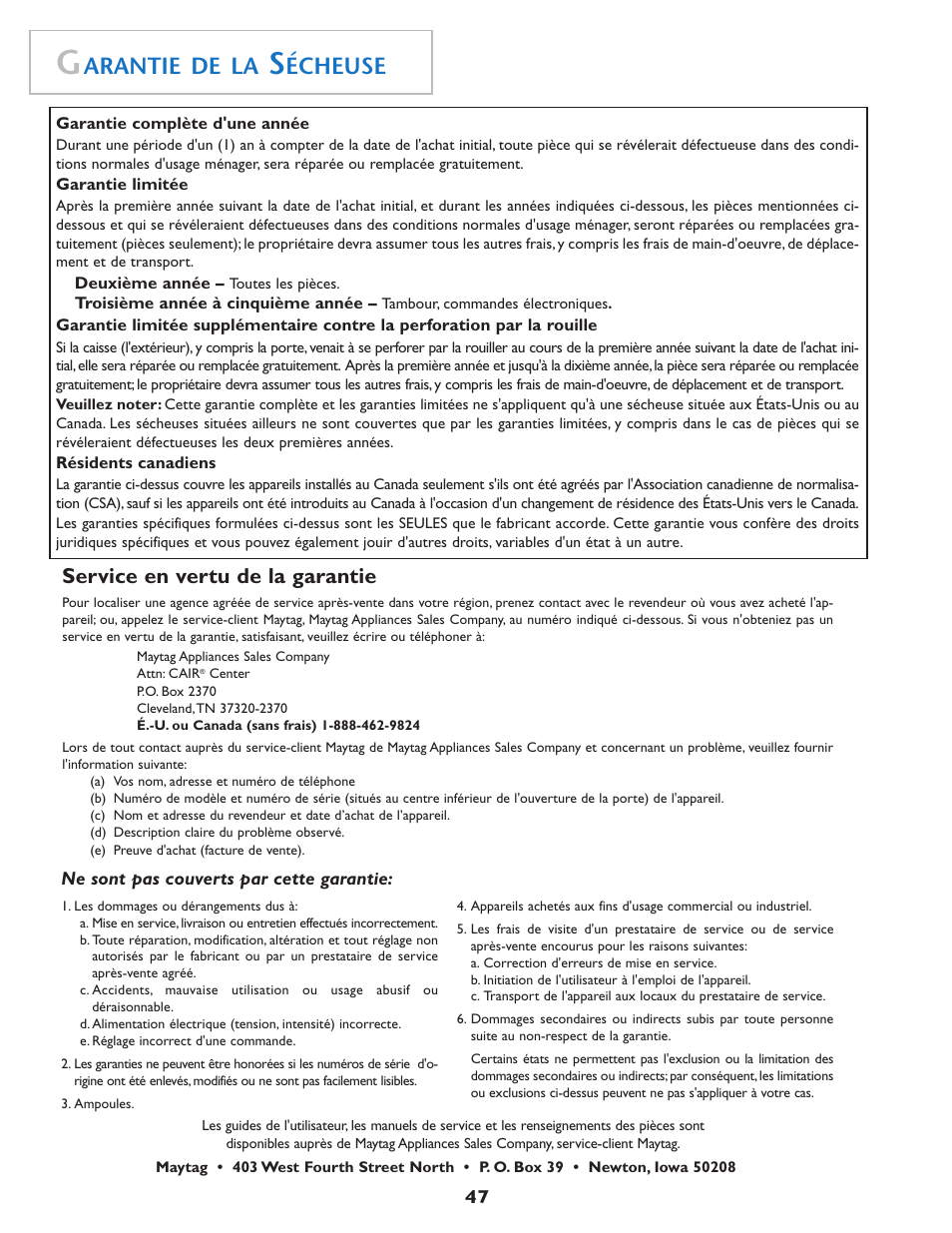 Arantie de la, Écheuse, Service en vertu de la garantie | Maytag MD75 User Manual | Page 48 / 72