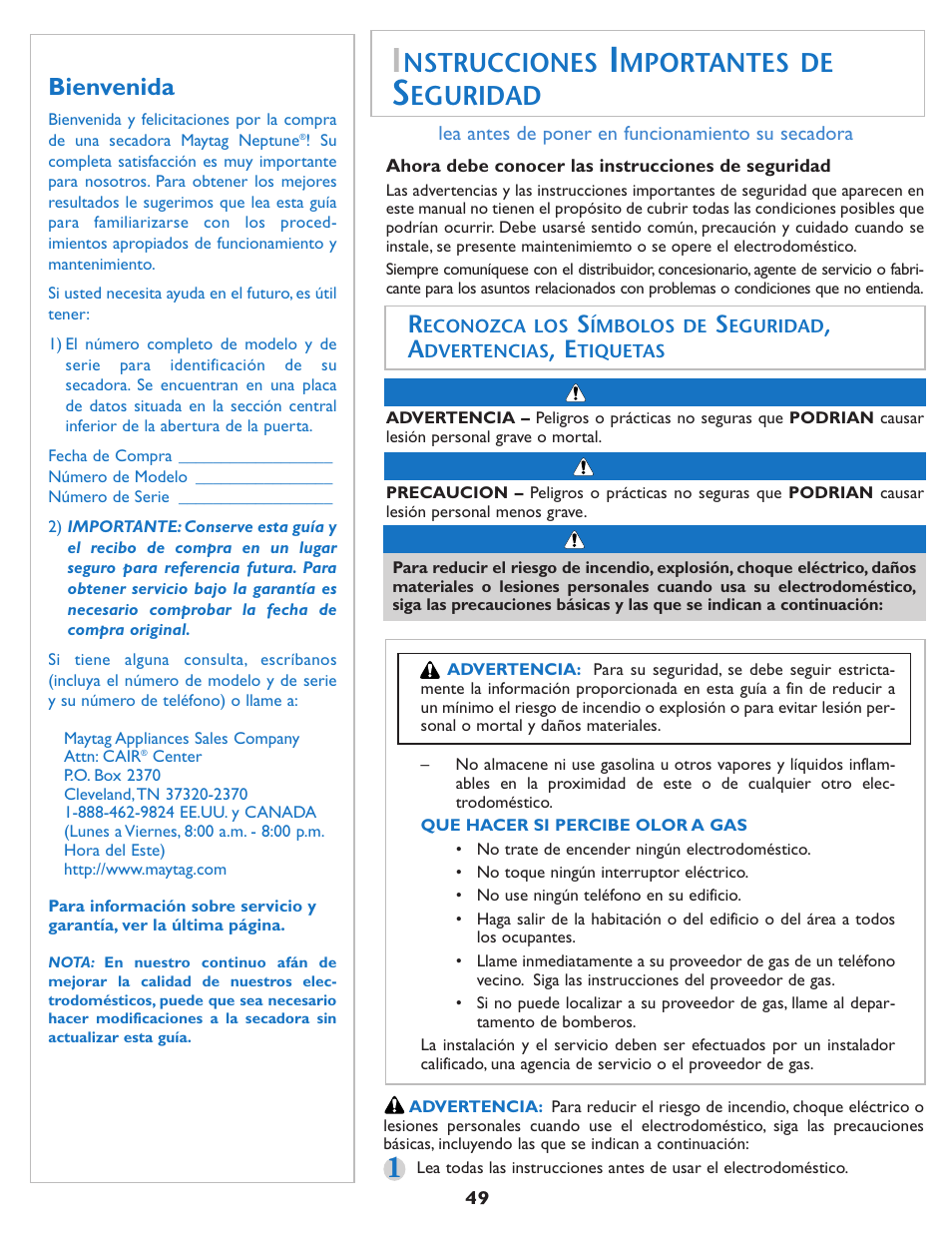 Nstrucciones, Mportantes de, Eguridad | Bienvenida | Maytag MD75 User Manual | Page 50 / 72