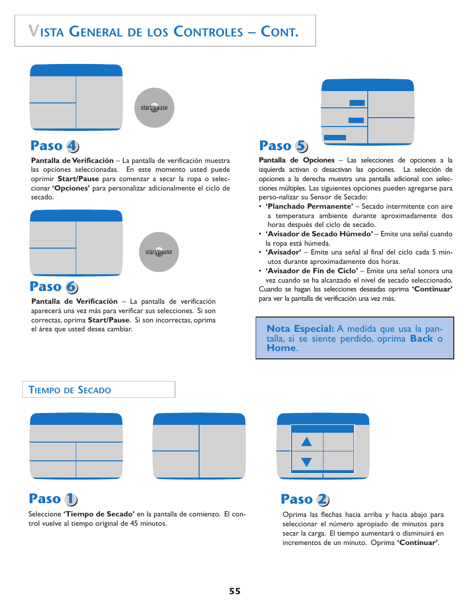 Paso 2, Paso 1, Paso 4 paso 5 paso 6 | Ista, Eneral de los, Ontroles | Maytag MD75 User Manual | Page 56 / 72