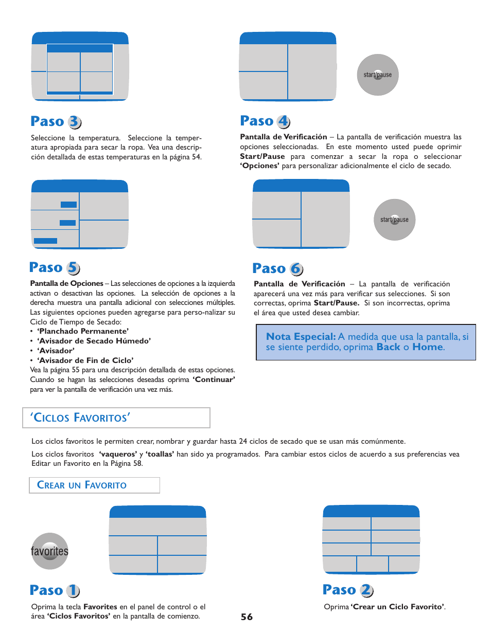 Paso 3 paso 4 paso 5, Paso 6, Paso 1 paso 2 | Iclos, Avoritos | Maytag MD75 User Manual | Page 57 / 72