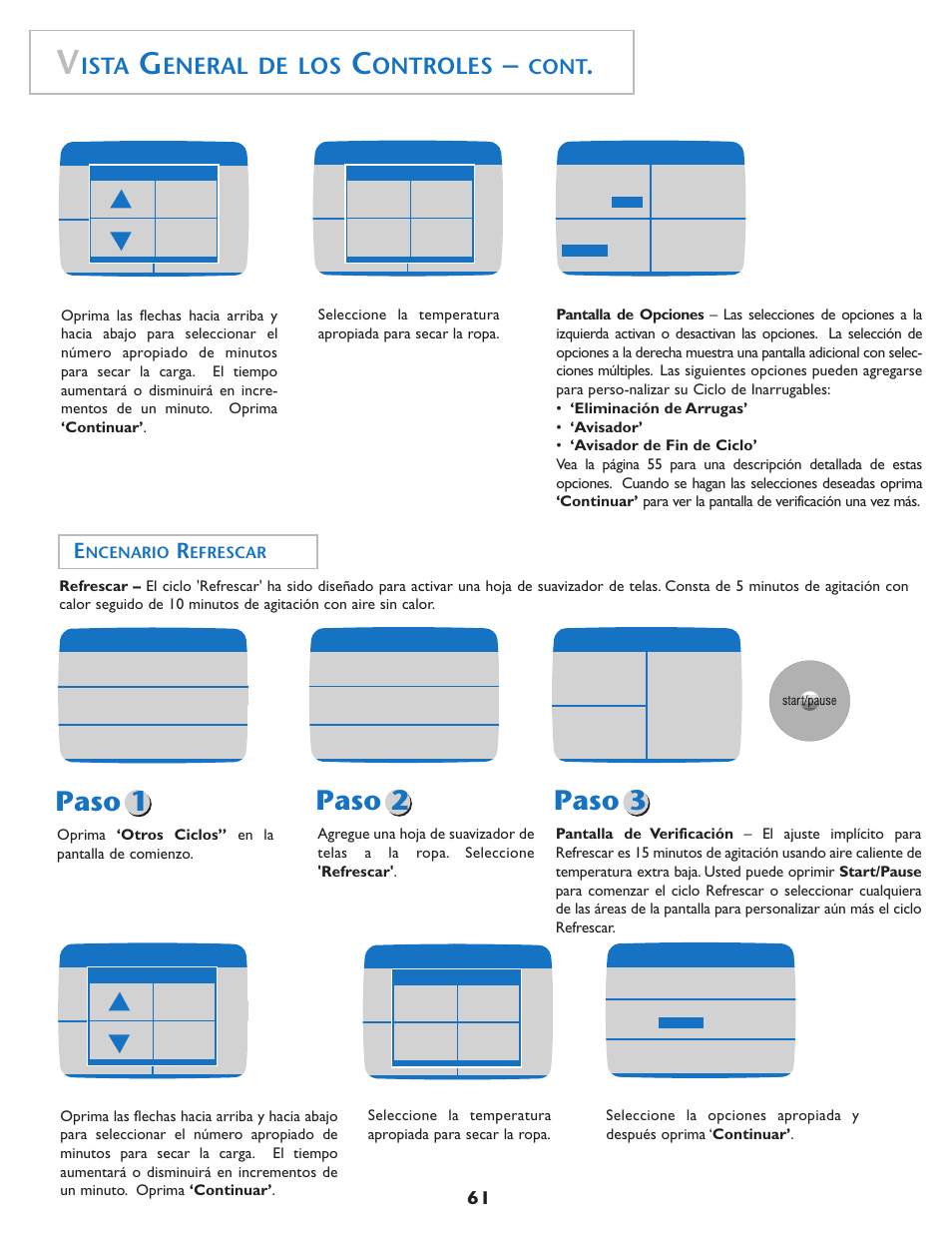 Paso 1, Paso 2, Paso 3 | Ista, Eneral de los, Ontroles, Cont | Maytag MD75 User Manual | Page 62 / 72