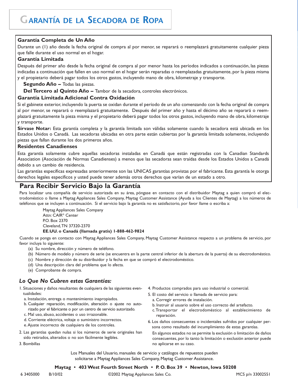 Arantía de la, Ecadora de, Para recibir servicio bajo la garantía | Maytag MD75 User Manual | Page 72 / 72