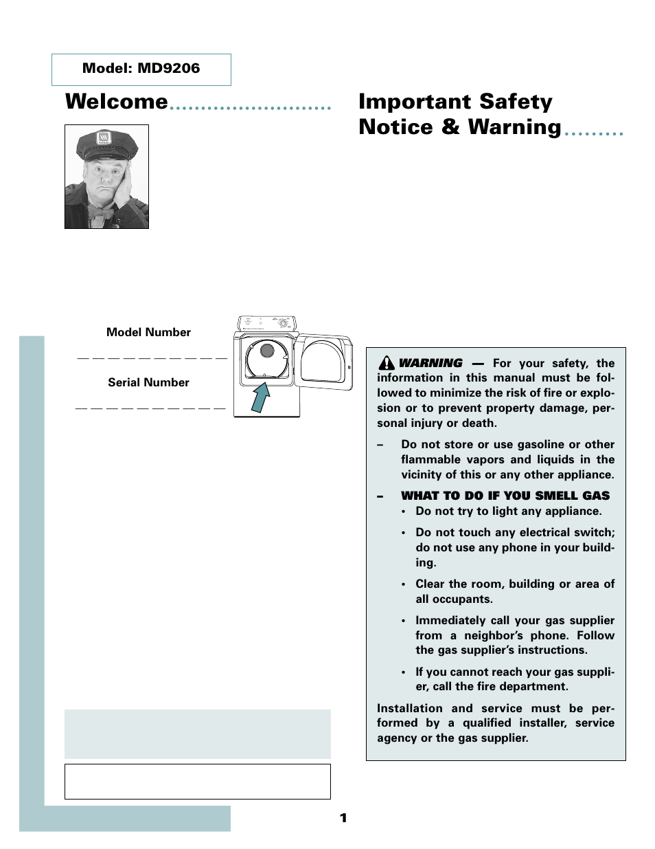 Welcome, Important safety notice & warning | Maytag MD9206 User Manual | Page 2 / 12