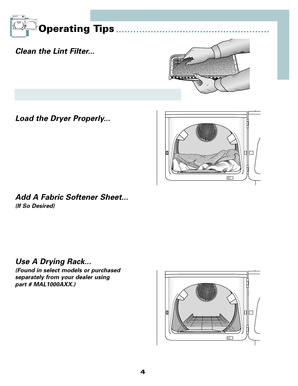 Operating tips, Clean the lint filter, Load the dryer properly | Add a fabric softener sheet, Use a drying rack | Maytag MD9206 User Manual | Page 5 / 12