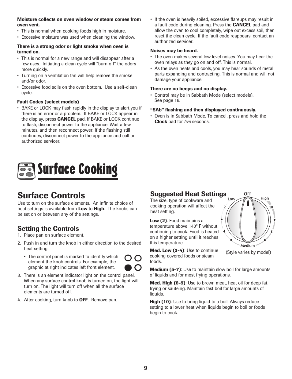 Surface cooking, Surface controls, Setting the controls | Suggested heat settings | Maytag 8113P655-60 User Manual | Page 10 / 20