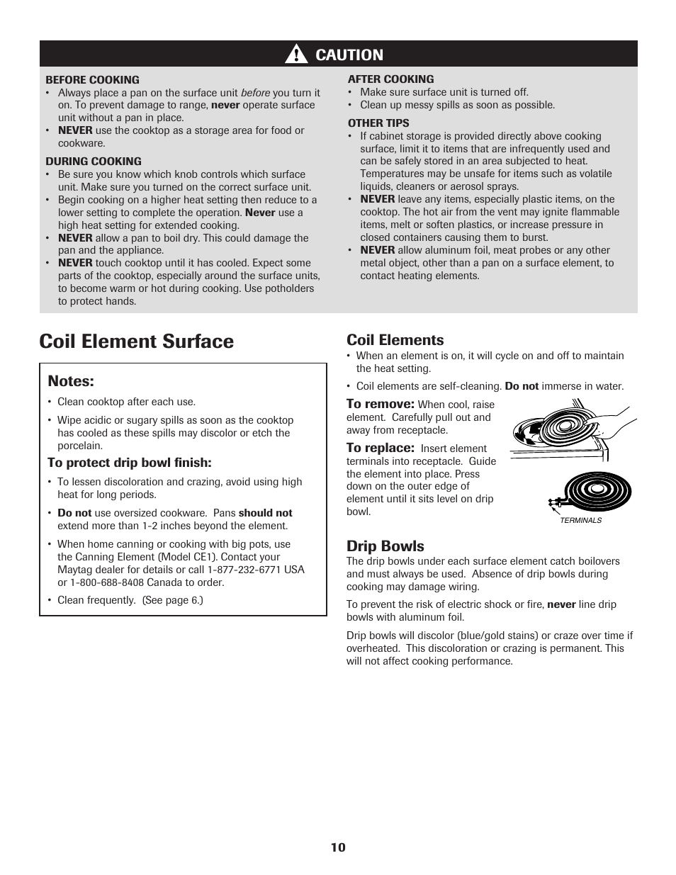 Coil element surface, Coil elements, Drip bowls | Caution | Maytag 8113P655-60 User Manual | Page 11 / 20