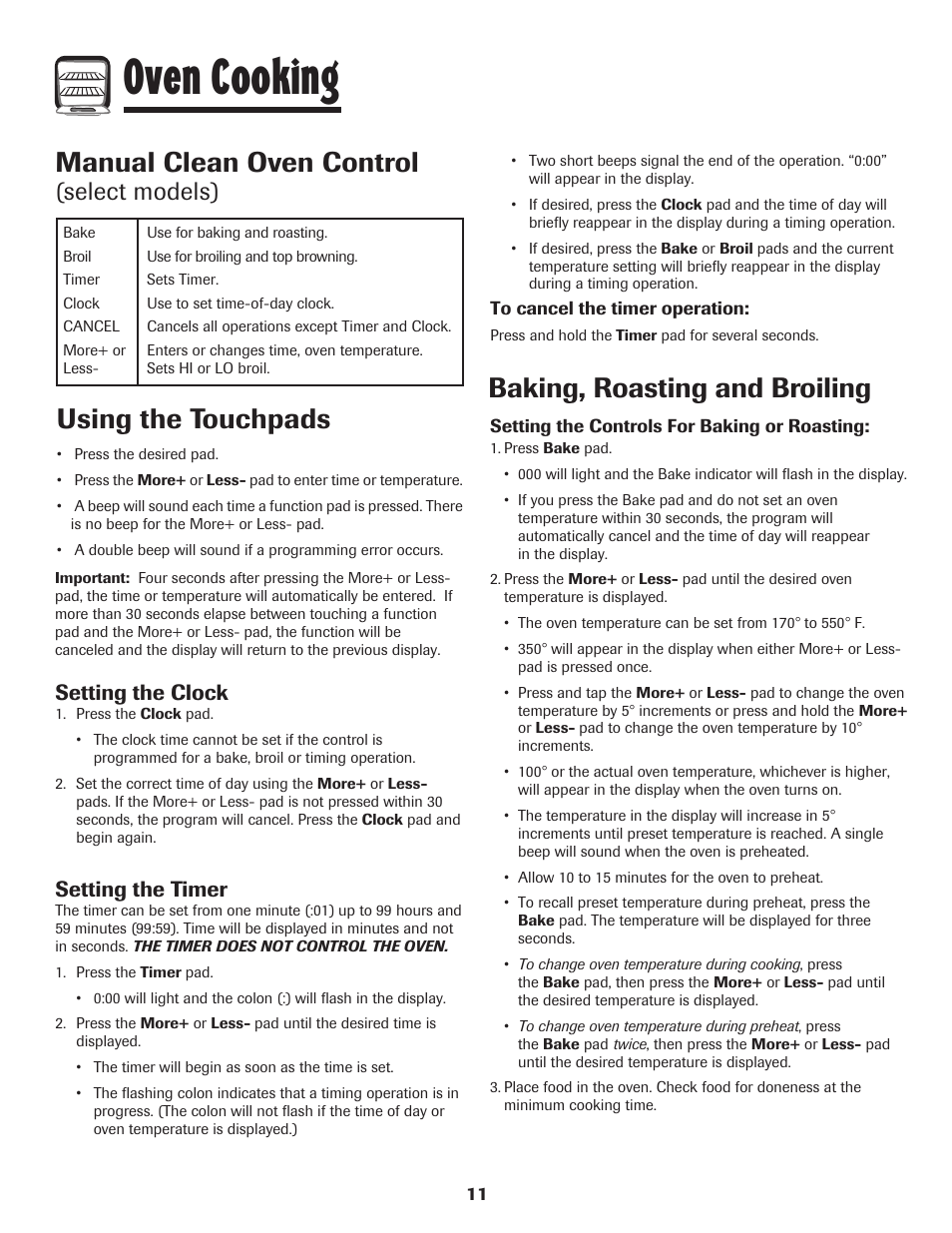 Oven cooking, Manual clean oven control, Using the touchpads | Baking, roasting and broiling, Select models), Setting the clock, Setting the timer | Maytag 8113P655-60 User Manual | Page 12 / 20