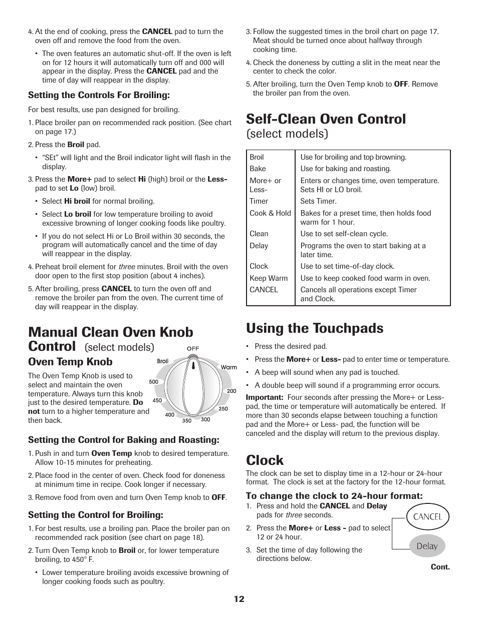 Manual clean oven knob control, Self-clean oven control, Using the touchpads | Clock, Select models), Select models) oven temp knob | Maytag 8113P655-60 User Manual | Page 13 / 20