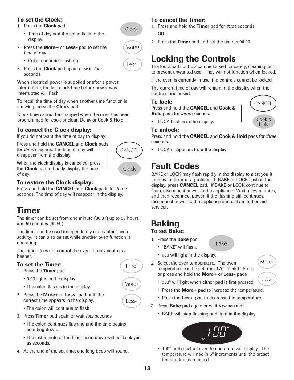 Timer, Locking the controls, Fault codes | Baking | Maytag 8113P655-60 User Manual | Page 14 / 20