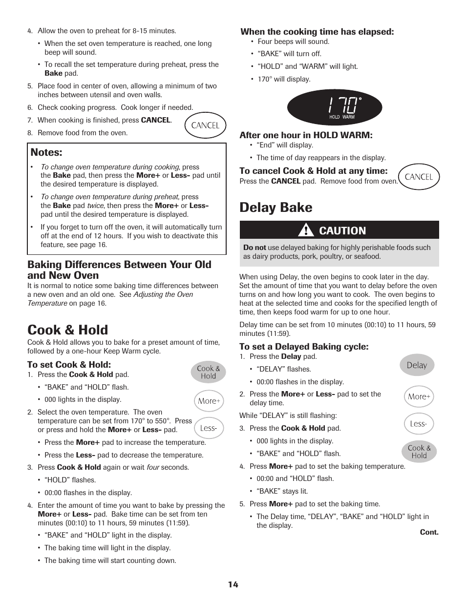 Cook & hold, Delay bake, Caution | Baking differences between your old and new oven | Maytag 8113P655-60 User Manual | Page 15 / 20