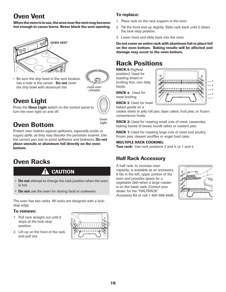 Oven light, Oven bottom, Oven vent | Oven racks, Rack positions, Caution, Half rack accessory | Maytag 8113P655-60 User Manual | Page 19 / 20