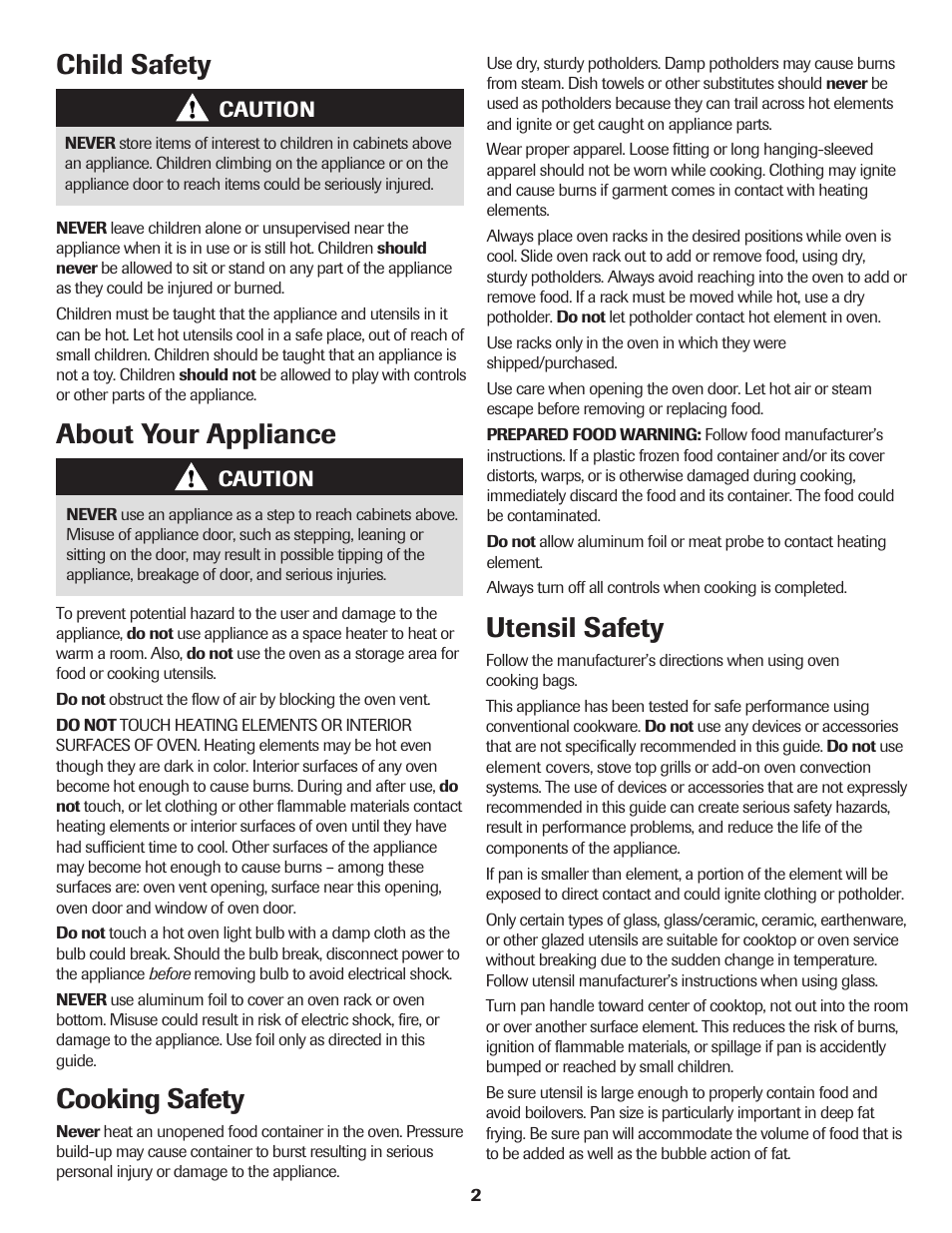 About your appliance, Cooking safety, Utensil safety | Child safety | Maytag 8113P655-60 User Manual | Page 3 / 20