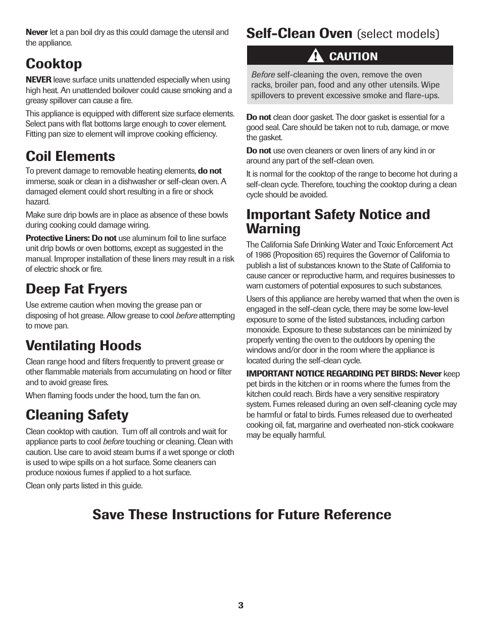 Self-clean oven, Important safety notice and warning, Cooktop | Coil elements, Deep fat fryers, Ventilating hoods, Cleaning safety, Save these instructions for future reference, Select models) | Maytag 8113P655-60 User Manual | Page 4 / 20