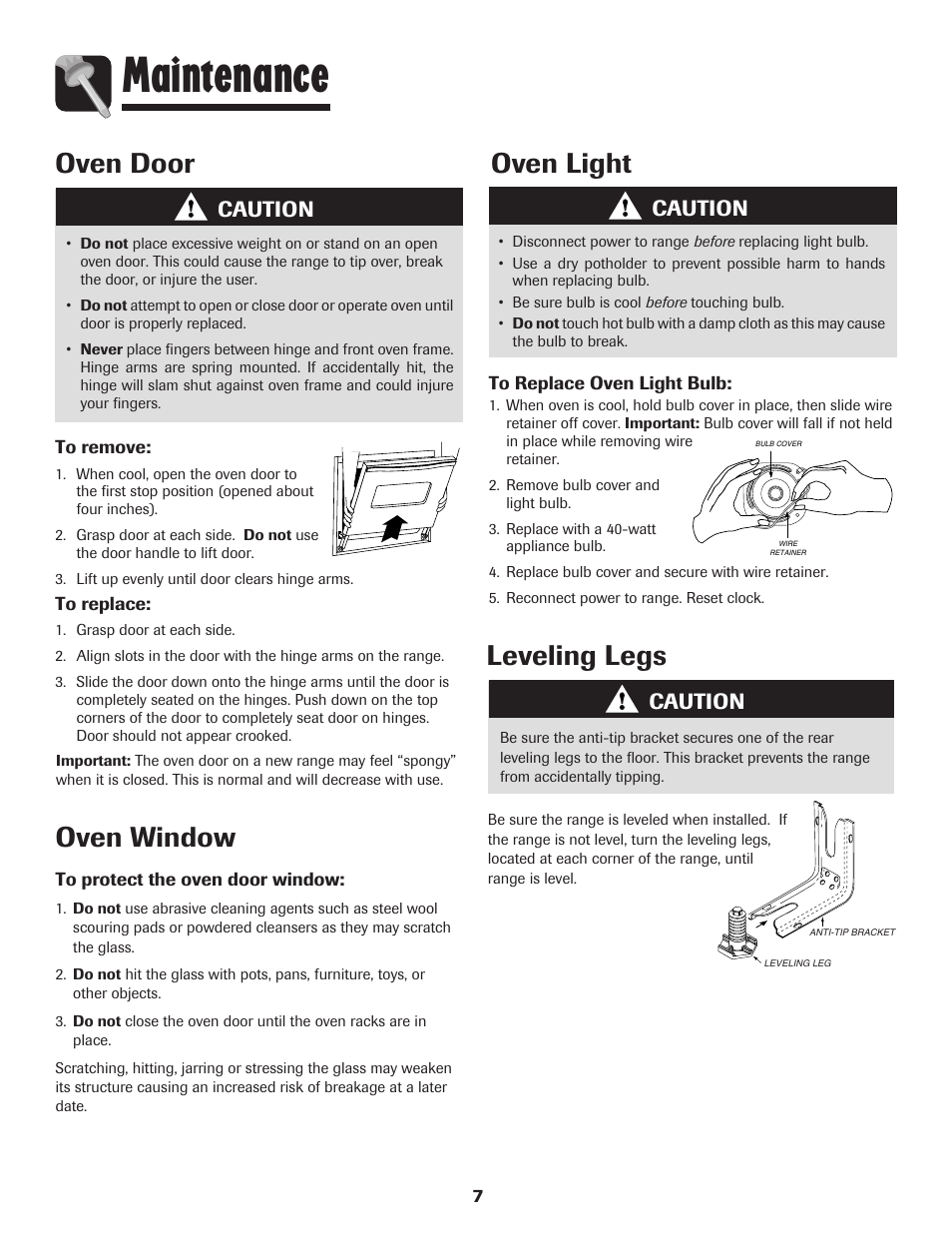 Maintenance, Oven door, Oven window | Oven light, Leveling legs, Caution | Maytag 8113P655-60 User Manual | Page 8 / 20