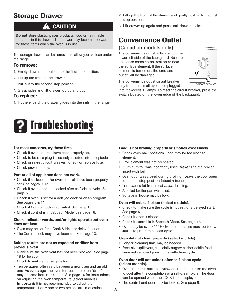 Troubleshooting, Storage drawer, Convenience outlet | Caution, Canadian models only) | Maytag 8113P655-60 User Manual | Page 9 / 20