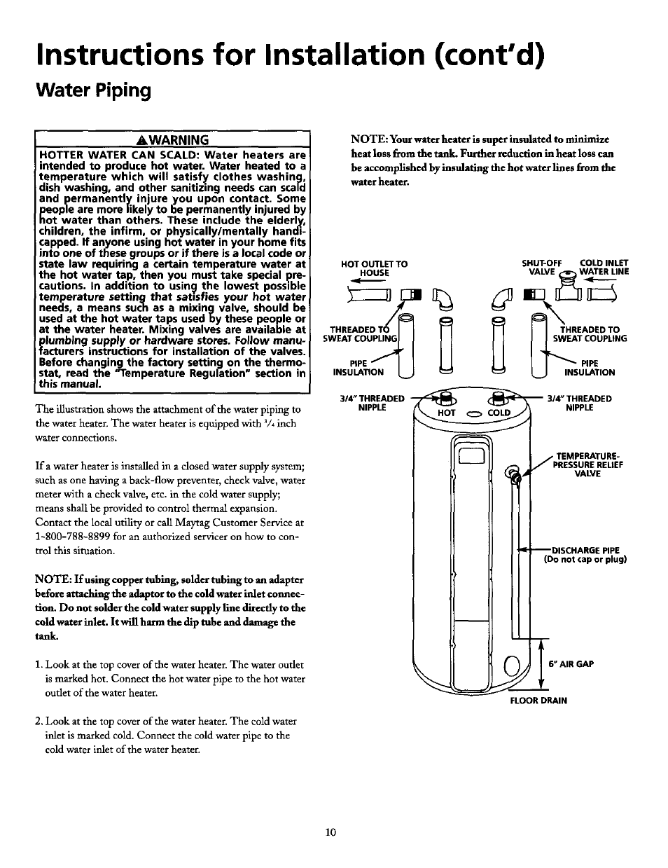 Instructions for installation (cont'd), Water piping, Instructions for installation | Maytag HE21250S User Manual | Page 10 / 32