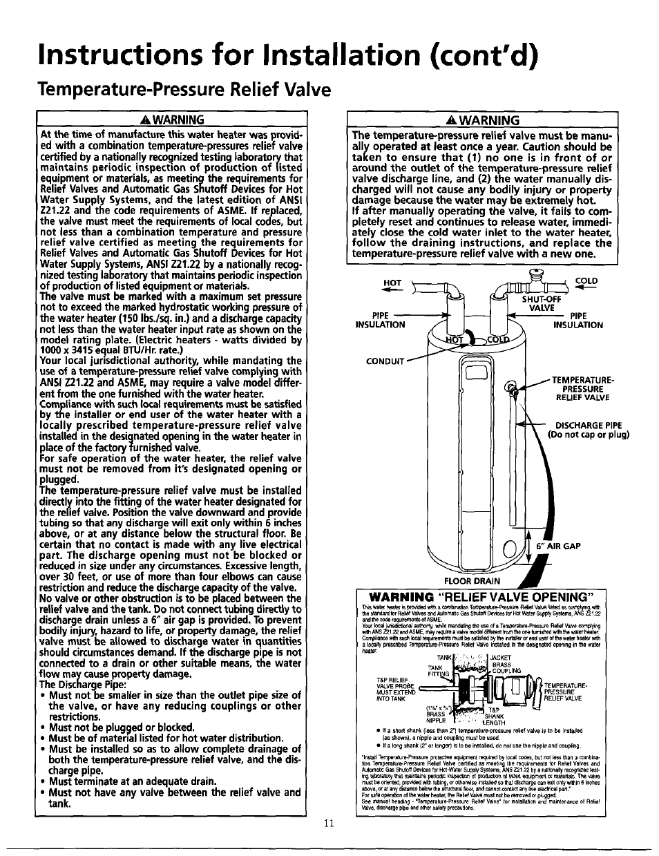 Instructions for installation (cont'd), Temperature-pressure relief valve, Awarning | Warning “relief valve opening | Maytag HE21250S User Manual | Page 11 / 32