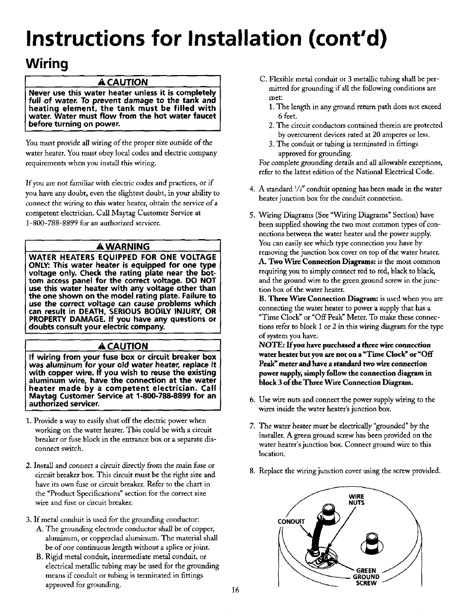 Instructions for installation (cont'd), Wiring, A caution | A warning | Maytag HE21250S User Manual | Page 16 / 32