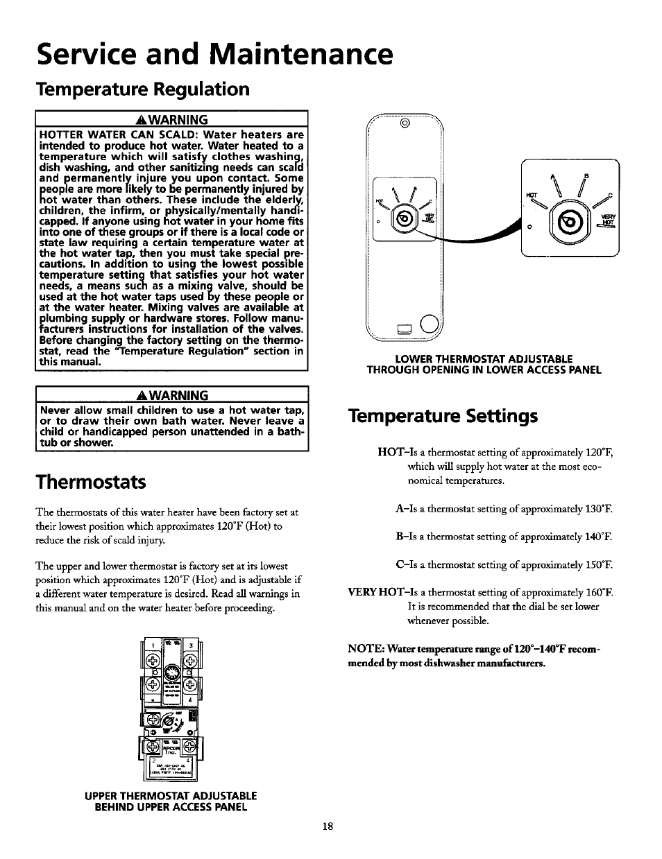 Service and maintenance, Temperature regulation, Awarning | Thermostats, Temperature settings, Temperature regulation thermostats | Maytag HE21250S User Manual | Page 18 / 32