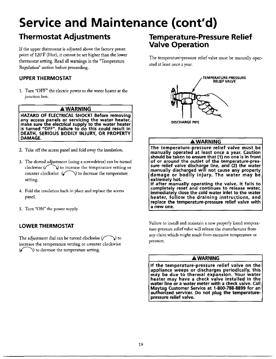 Upper thermostat, A warning, Awarning | Lower thermostat, Service and maintenance (cont'd), Thermostat adjustments, Temperature-pressure relief valve operation | Maytag HE21250S User Manual | Page 19 / 32