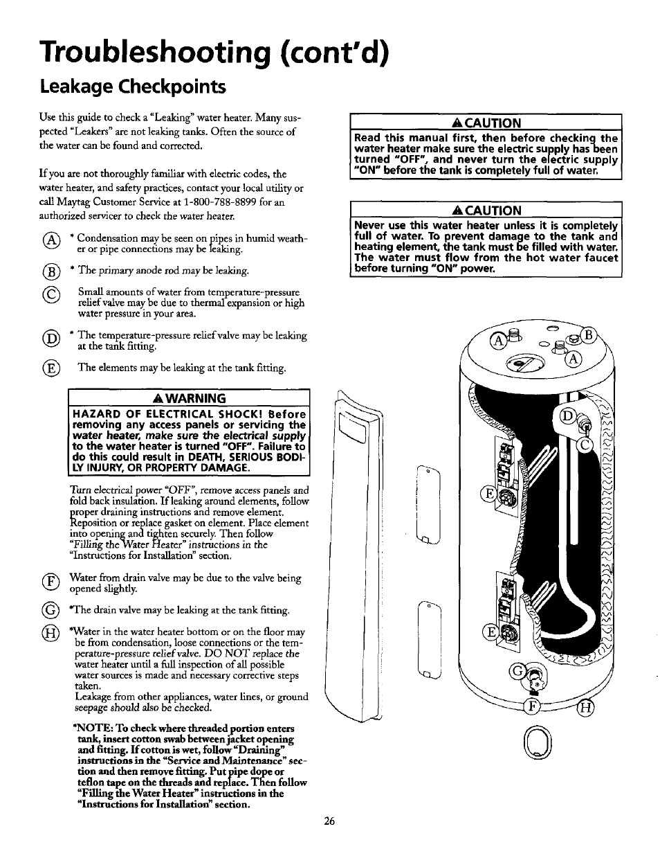 Troubleshooting (cont'd), Leakage checkpoints, A warning | A caution | Maytag HE21250S User Manual | Page 26 / 32