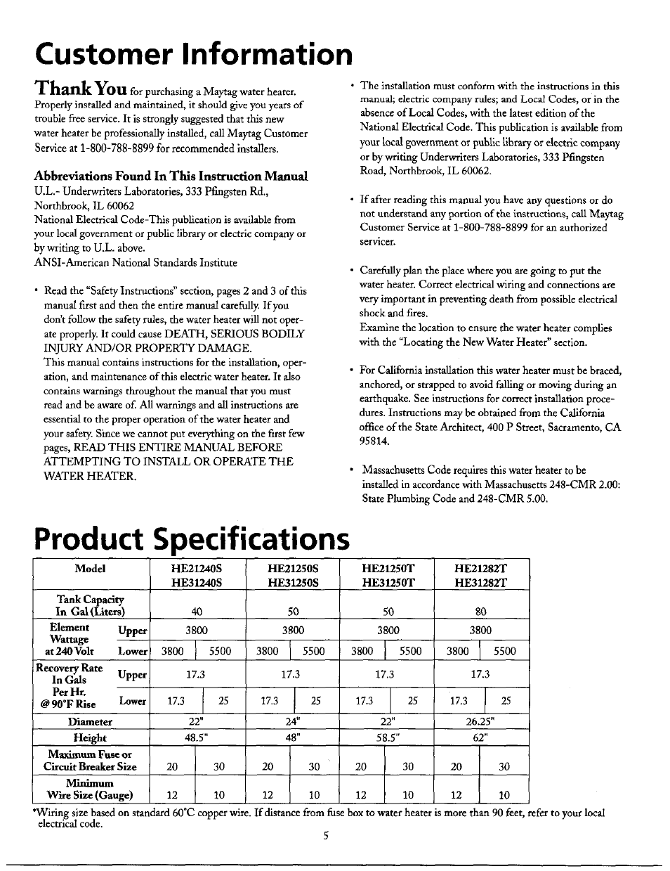 Product specifications, Customer information | Maytag HE21250S User Manual | Page 5 / 32