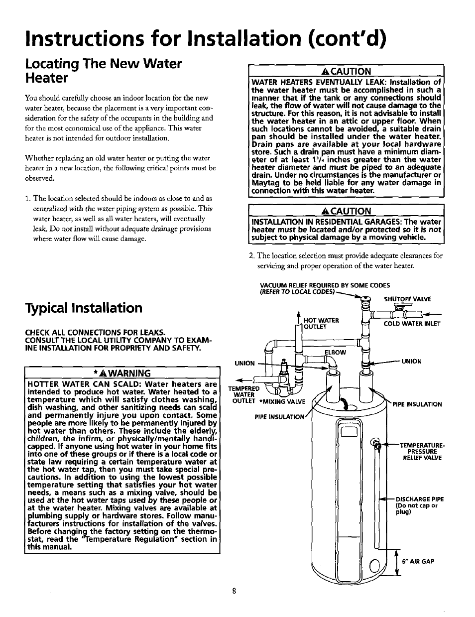 Locating the new water heater, A caution, Typical installation | Awarning, Locating the neiv water heater, Instructions for installation (cont'd) | Maytag HE21250S User Manual | Page 8 / 32