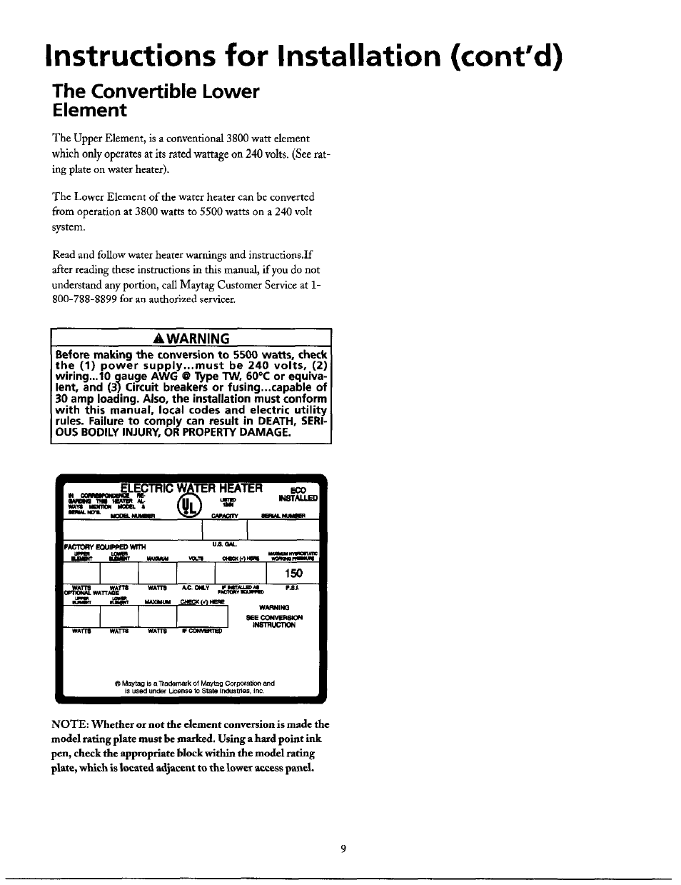 The convertible lower element, Awarning, Instructions for installation (cont'd) | Maytag HE21250S User Manual | Page 9 / 32